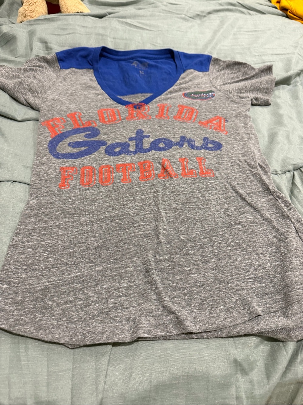 NCAA Gray V‑Neck Florida Gators Football Tee with Blue & Orange Accents